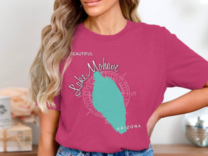 Woman wearing pink t-shirt with Lake Mohave Arizona map design.