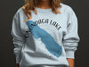Onondaga Lake shape and "New York" text on light blue crewneck sweatshirt.