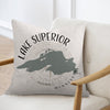 Square pillow with Lake Superior map, compass, and Minnesota text.