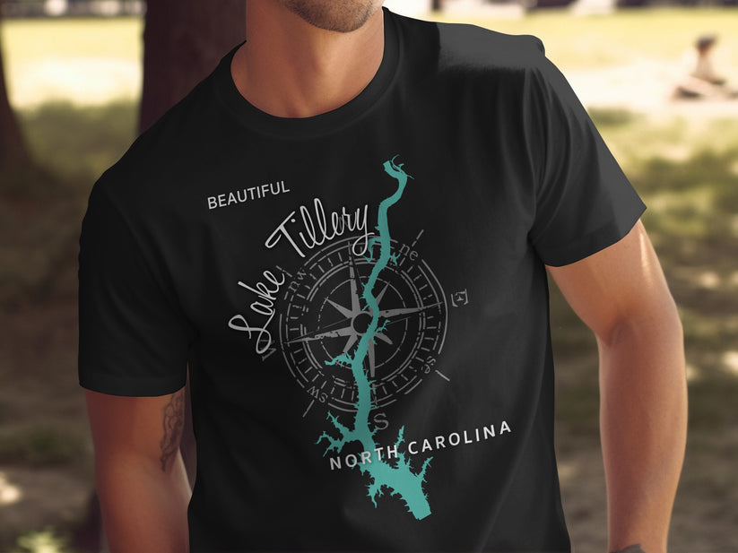 Black t-shirt featuring a compass rose and "Lake Tillery North Carolina" design.