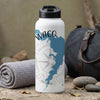 White water bottle with blue Waco map graphic and compass rose design.