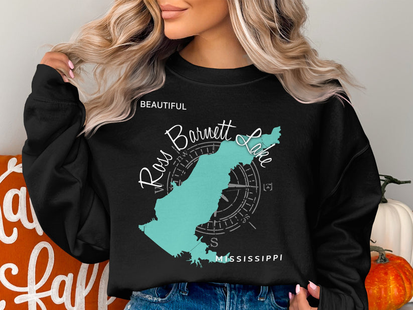 Black sweatshirt with a teal map outline of Ross Barnett Lake, Mississippi.
