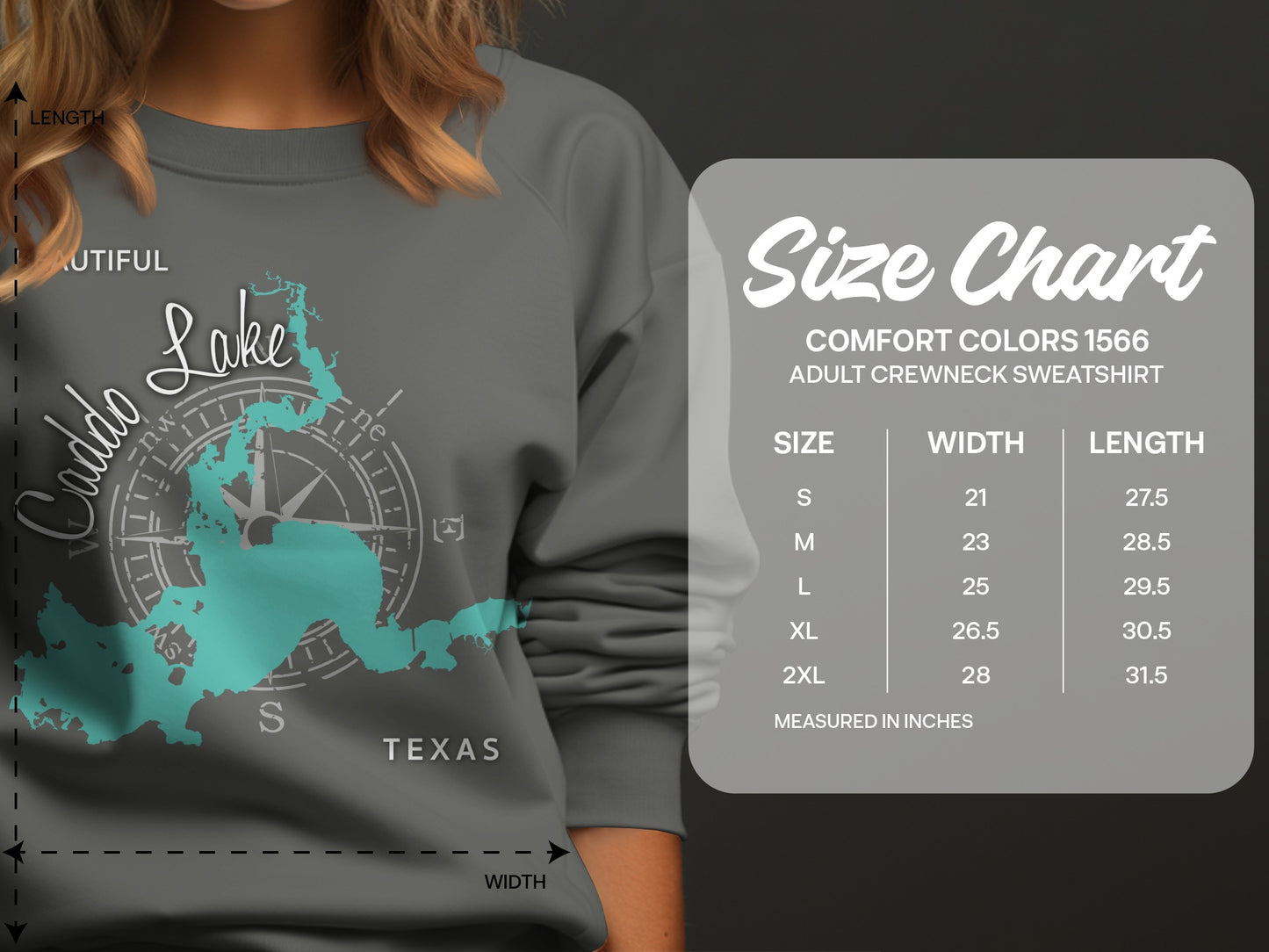Lake Caddo Texas sweatshirt with Comfort Colors size chart.