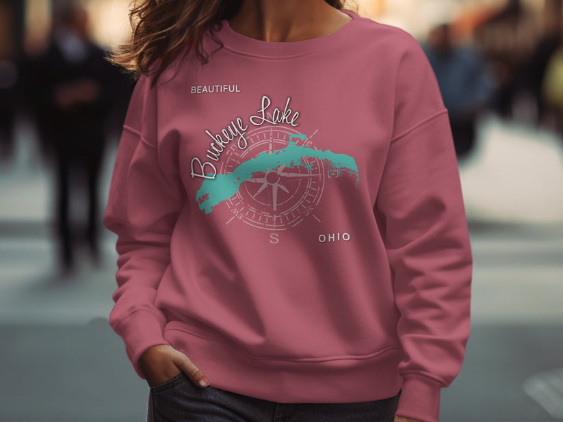 Pink sweatshirt with "Buckeye Lake" and compass rose graphic.