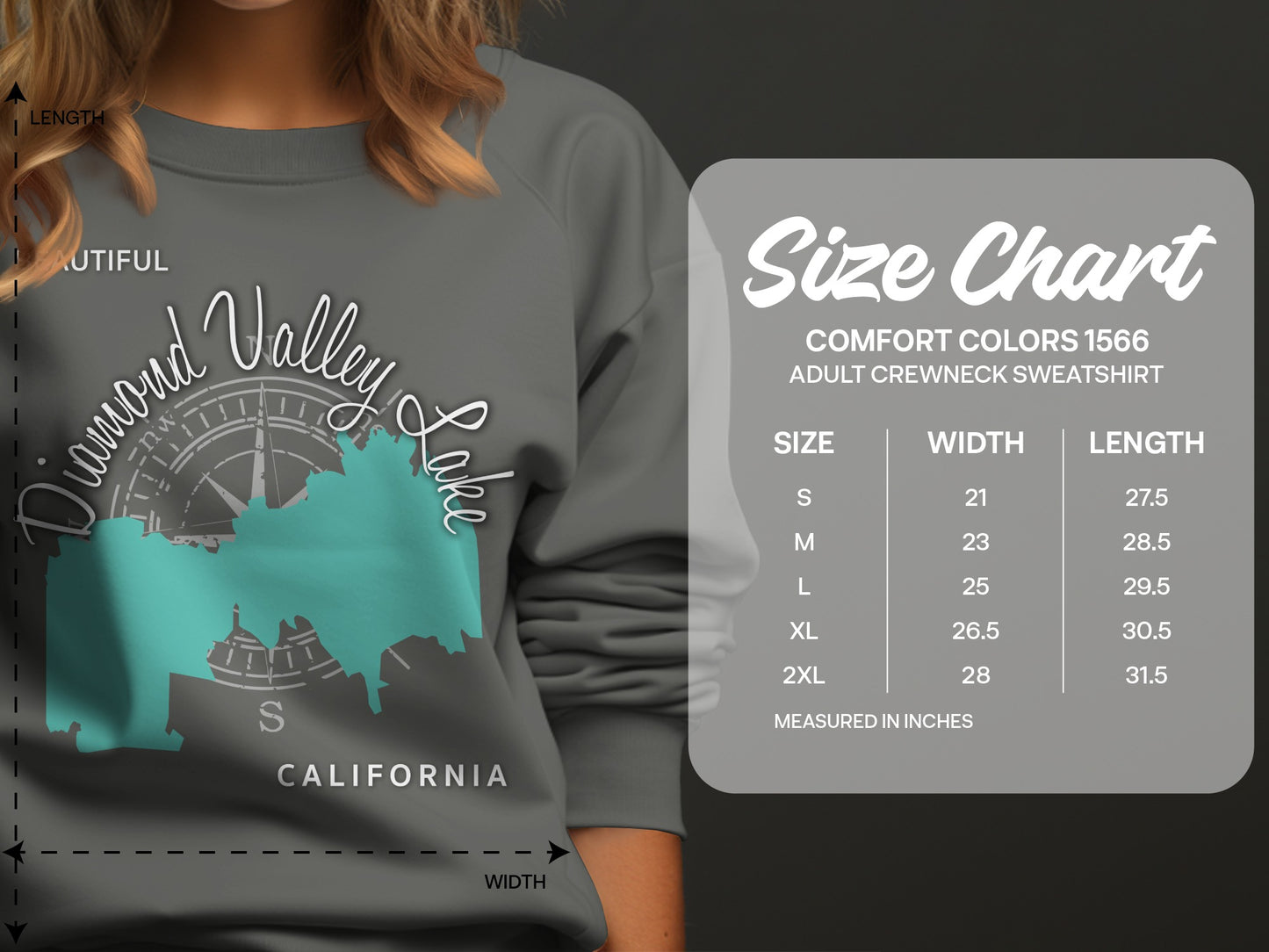 Crewneck sweatshirt size chart with Diamond Valley Lake graphic.