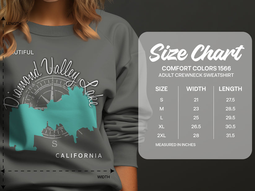 Crewneck sweatshirt size chart with Diamond Valley Lake graphic.