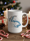 White mug with Spoon Lake Illinois map design and compass, surrounded by festive decorations.