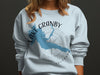 White sweatshirt with blue Lake Granby map graphic and compass rose.