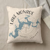 Pillow with Lake Monroe map, Indiana text, and compass rose graphic.