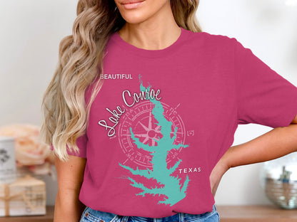 Pink t-shirt with turquoise outline map of Lake Conroe, Texas, and compass rose.