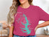 Pink t-shirt with turquoise outline map of Lake Conroe, Texas, and compass rose.