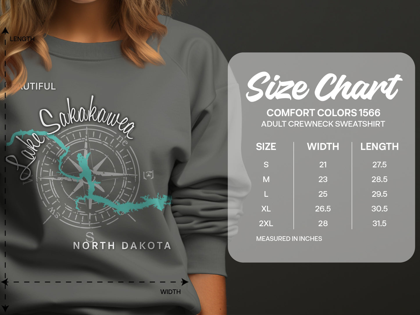 Comfort Colors 1566 adult crewneck sweatshirt size chart with measurements in inches.