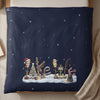 Dark blue duvet cover with a winter fishing scene, including a bear in a Santa hat.