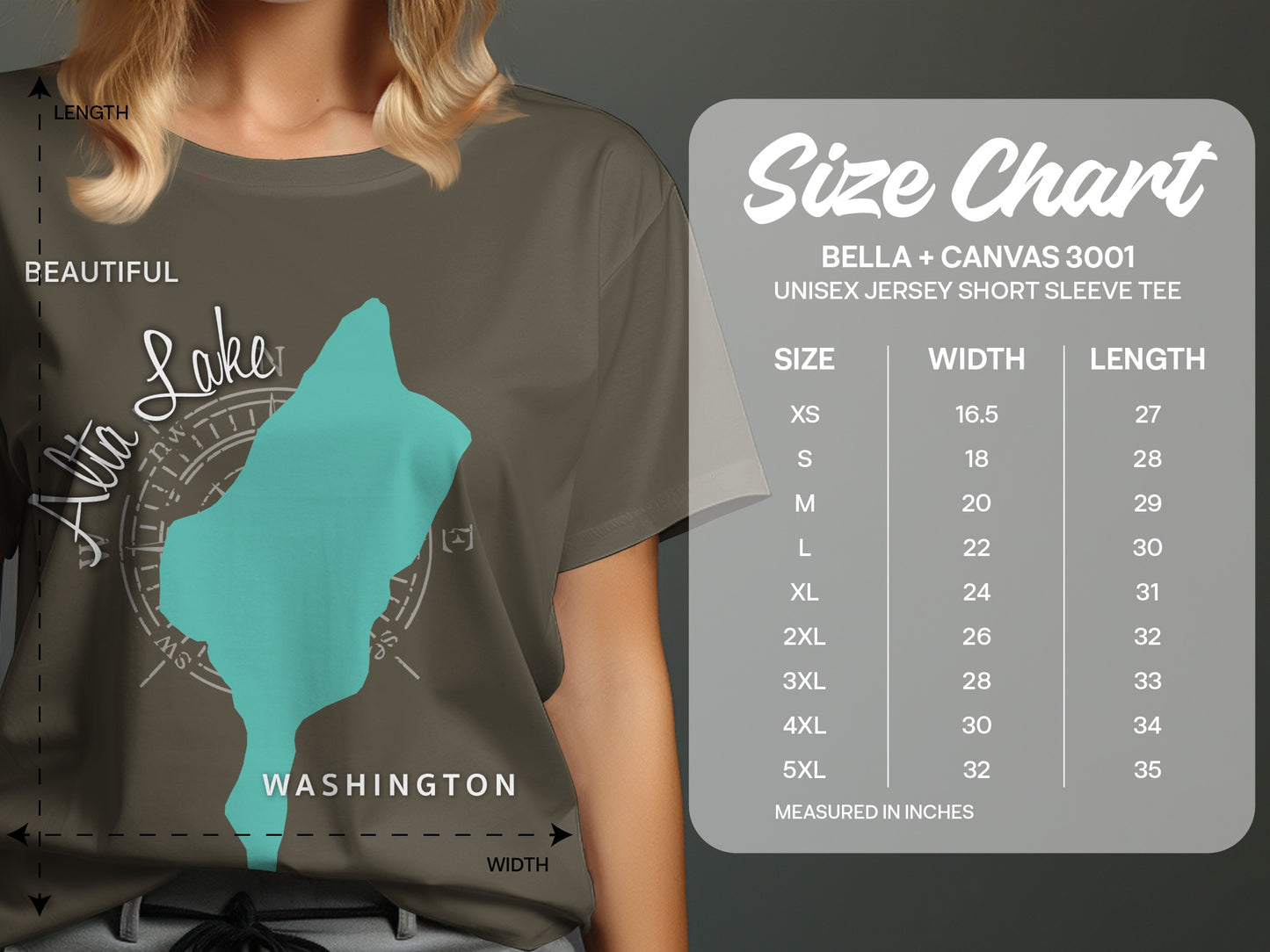 T-shirt with "Lake Alta Washington" design and a UNISEX JERSEY SHORT SLEEVE TEE size chart.