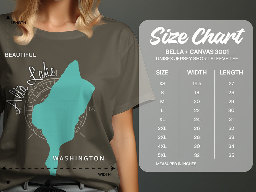 T-shirt with "Lake Alta Washington" design and a UNISEX JERSEY SHORT SLEEVE TEE size chart.