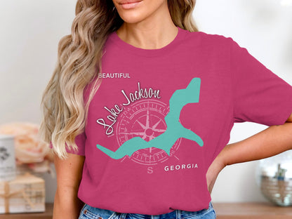 T-shirt with map of Lake Jackson and compass design.