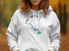 White hoodie with blue Lake Wateree map and compass graphic with "South Carolina" text.