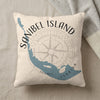 Sanibel Island Florida map and compass graphic on a textured cream pillow.