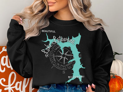 Black sweatshirt with a teal map of Lake of the Ozarks, Missouri.