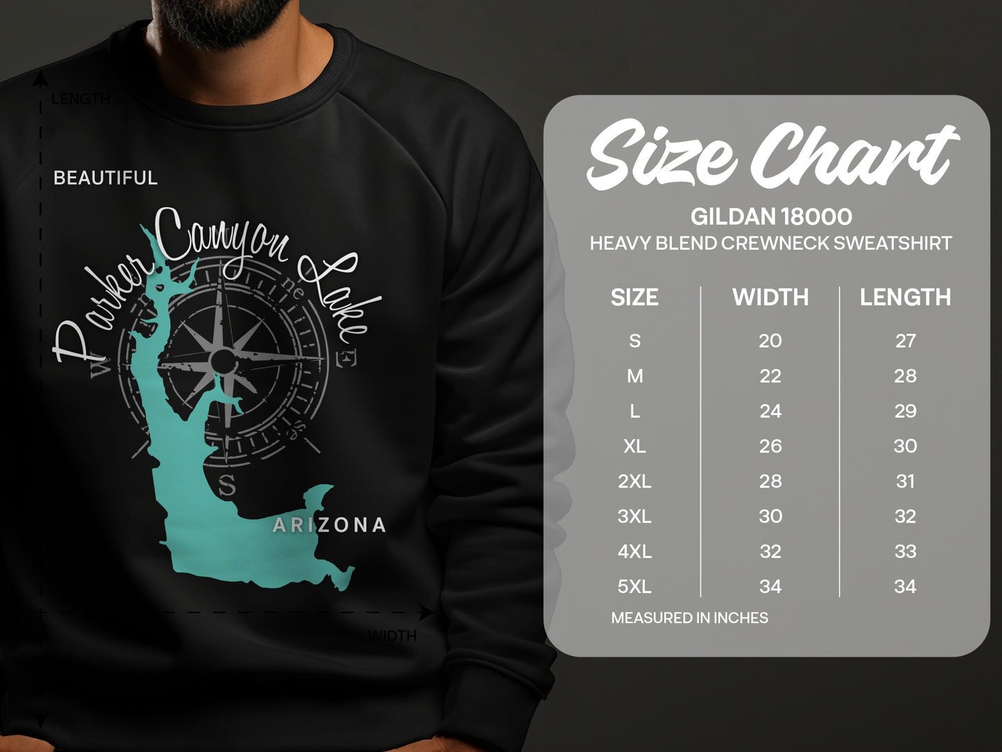 Crewneck sweatshirt with Parker Canyon Lake graphic and size chart.