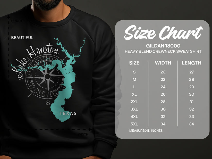 Crewneck sweatshirt size chart for Gildan 18000 heavy blend sweatshirt.