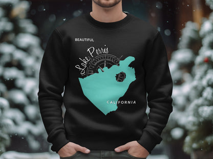 Black sweatshirt with turquoise Lake Perris map and compass graphic.