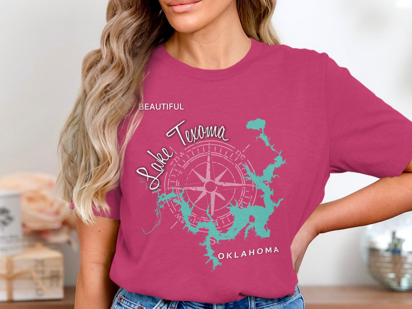Pink t-shirt with "Beautiful Lake Texoma Oklahoma" and compass graphic.