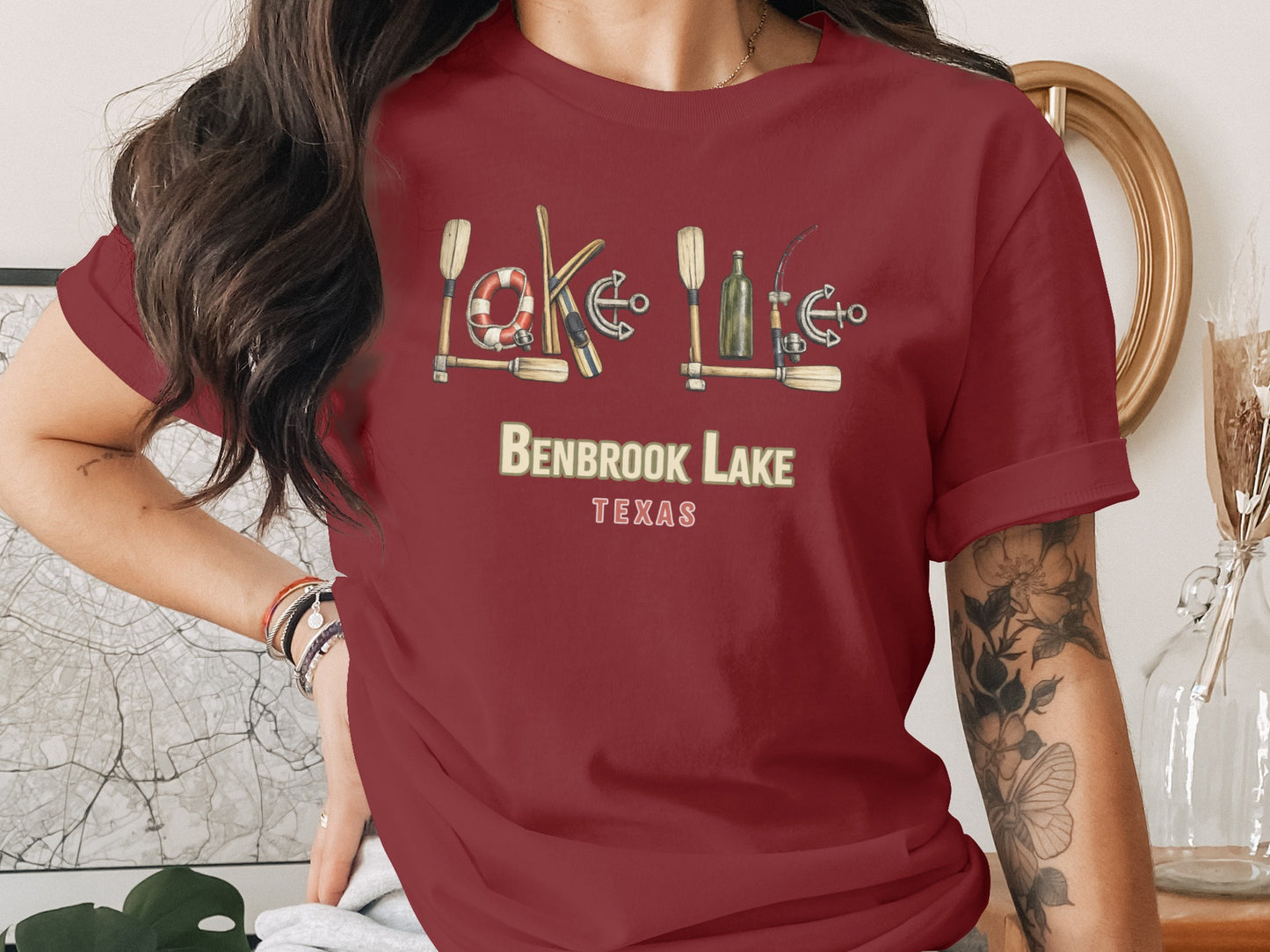 Burgundy t-shirt with "Lake Life Benbrook Lake Texas" and nautical graphics.