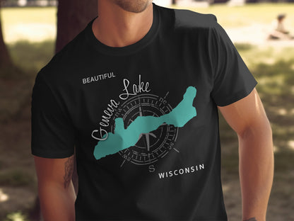 Black t-shirt with Geneva Lake map and compass design.