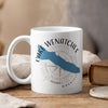 White mug with Lake Wenatchee map and compass graphic.