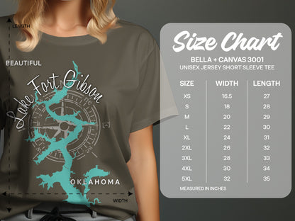 T-shirt showing Lake Fort Gibson map with size chart for Bella + Canvas 3001.