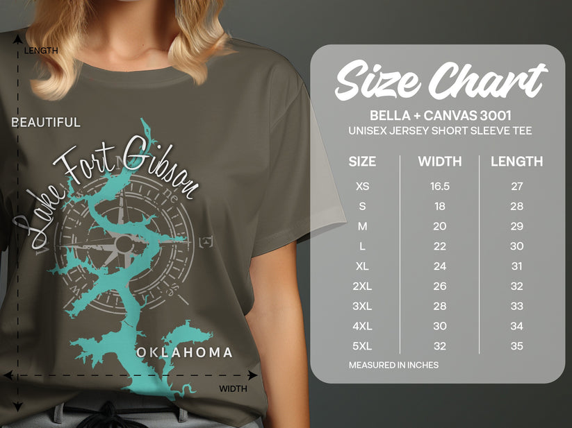T-shirt showing Lake Fort Gibson map with size chart for Bella + Canvas 3001.