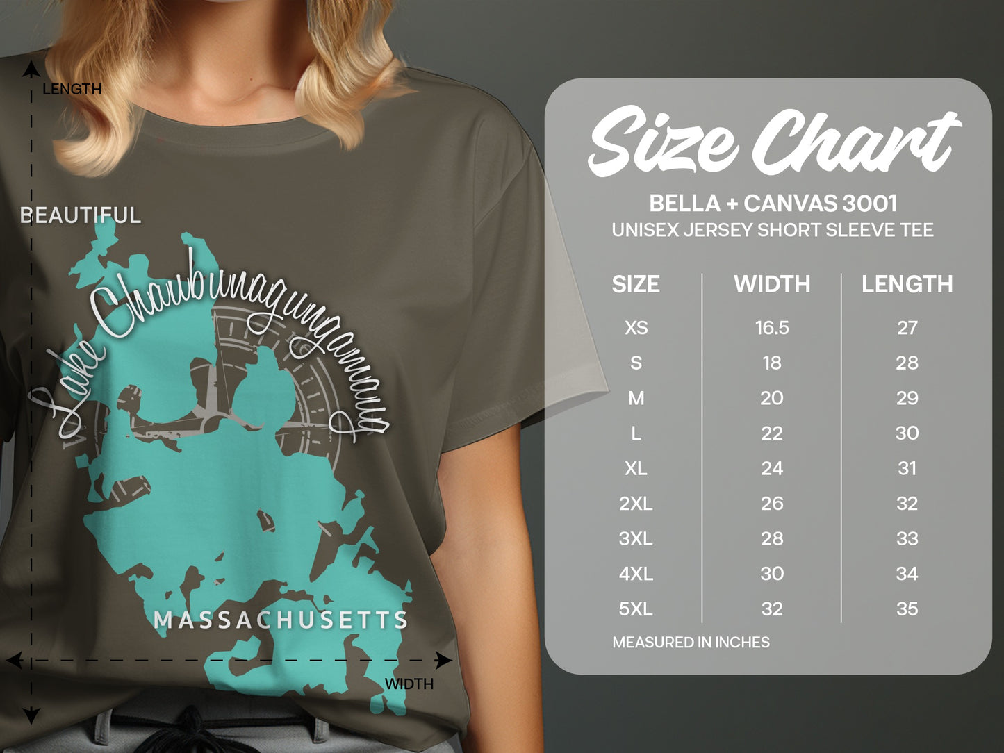 T-shirt size chart for Bella + Canvas 3001 unisex tee, measuring width and length in inches.