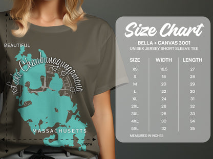T-shirt size chart for Bella + Canvas 3001 unisex tee, measuring width and length in inches.