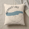 Cream pillow with a blue outline of Donner Lake, California and compass rose.