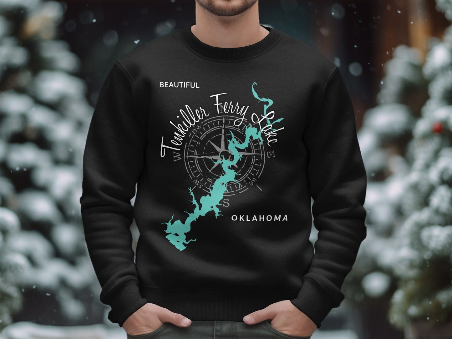Black sweatshirt with "Tenkiller Ferry Lake Oklahoma" map and compass design.