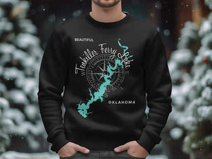 Black sweatshirt with "Tenkiller Ferry Lake Oklahoma" map and compass design.
