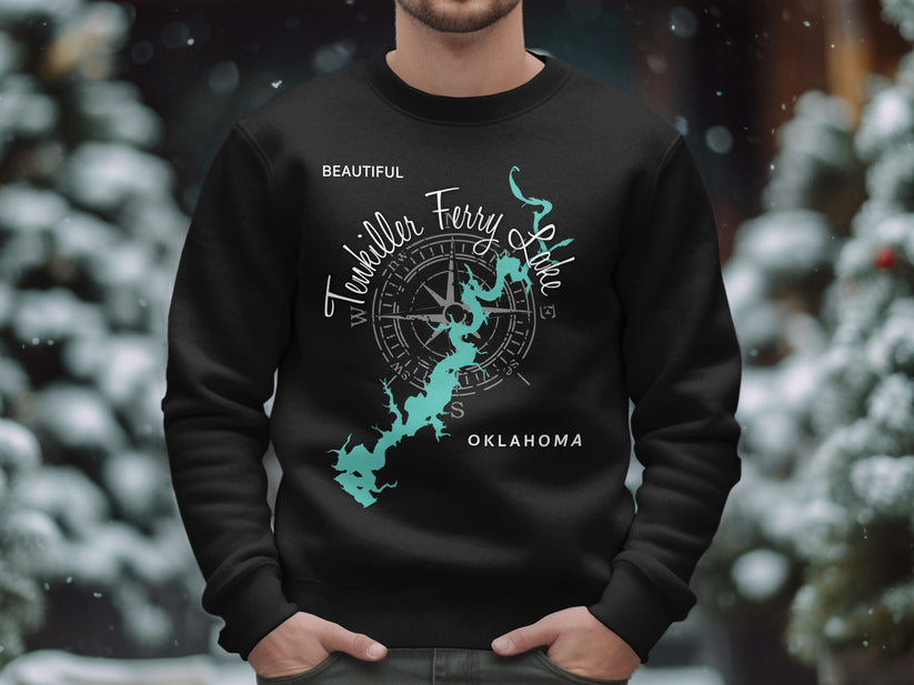 Black sweatshirt with "Tenkiller Ferry Lake Oklahoma" map and compass design.