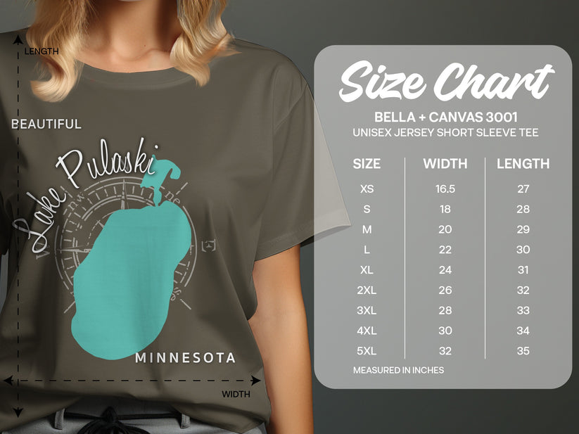 T-shirt featuring a turquoise outline of Minnesota with "Lake Pulaski" text.