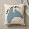 Pillow with blue Lake Manawa outline and text "Lake Manawa Iowa".