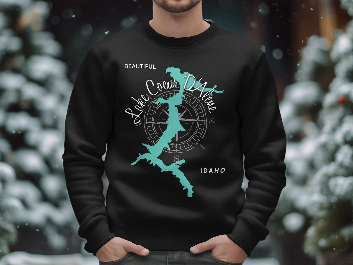 Black sweatshirt with a turquoise map outline of Lake Coeur d'Alene, Idaho.