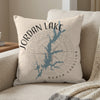 Throw pillow with a Jordan Lake map outline and compass rose graphic.