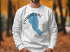 White sweatshirt with blue Pyramid Lake Nevada map and compass graphic.