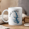 White mug with Lake Conroe Texas map and compass design, steam rising.