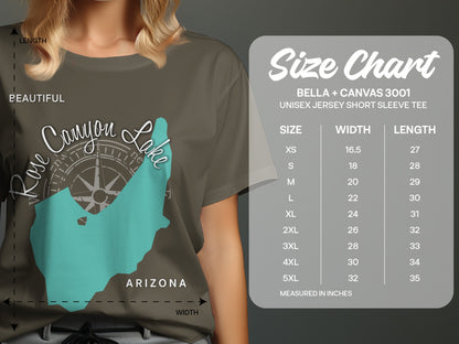 T-shirt size chart for Bella + Canvas 3001 unisex short sleeve tee.