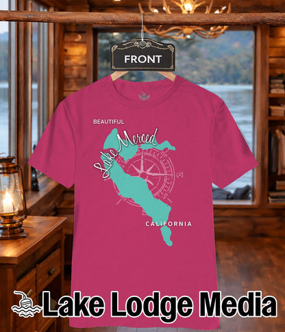 Crimson t-shirt with teal map of Lake Merced and compass rose graphic.