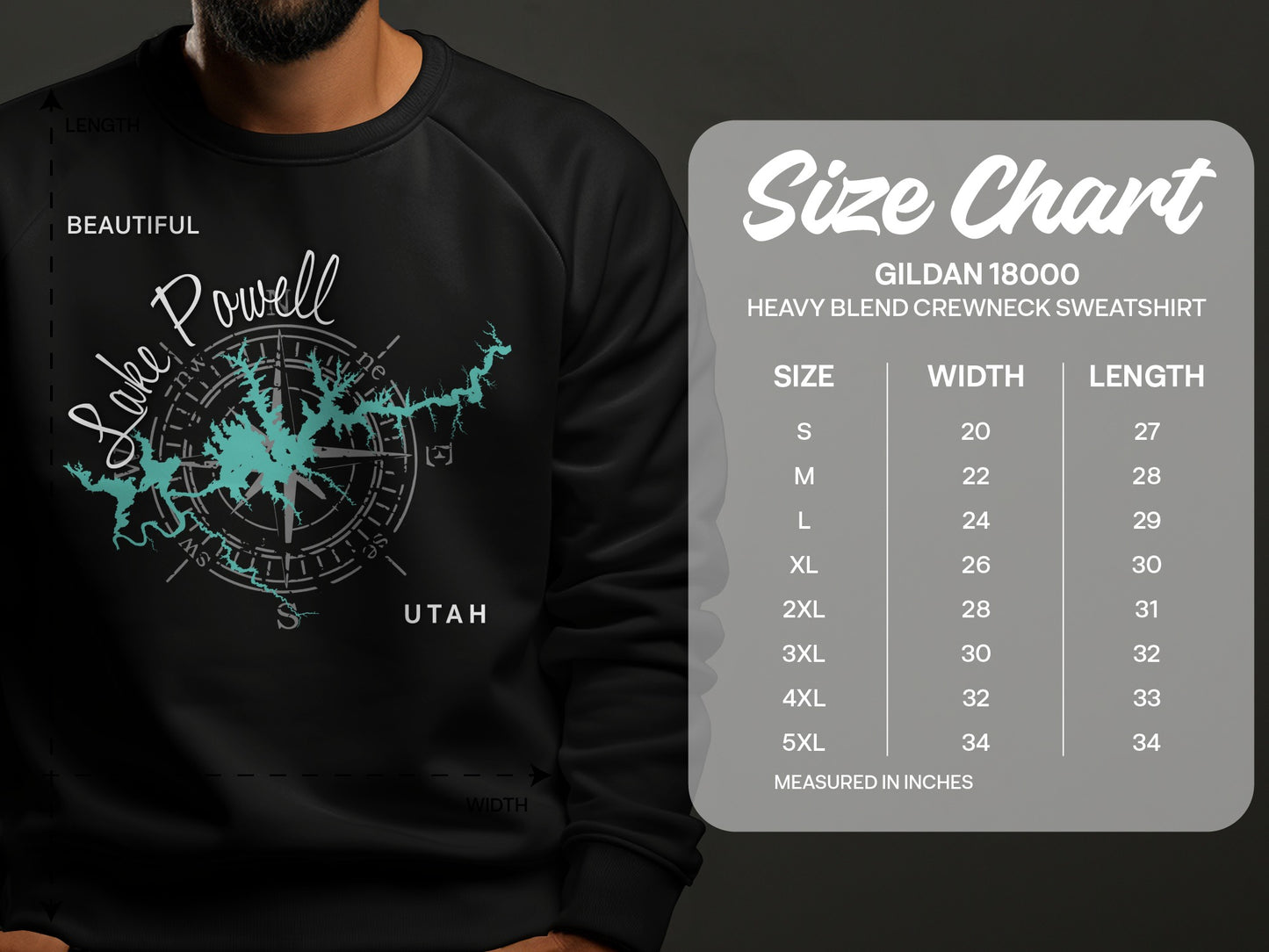 Crewneck sweatshirt size chart with Lake Powell graphic and garment measurements.