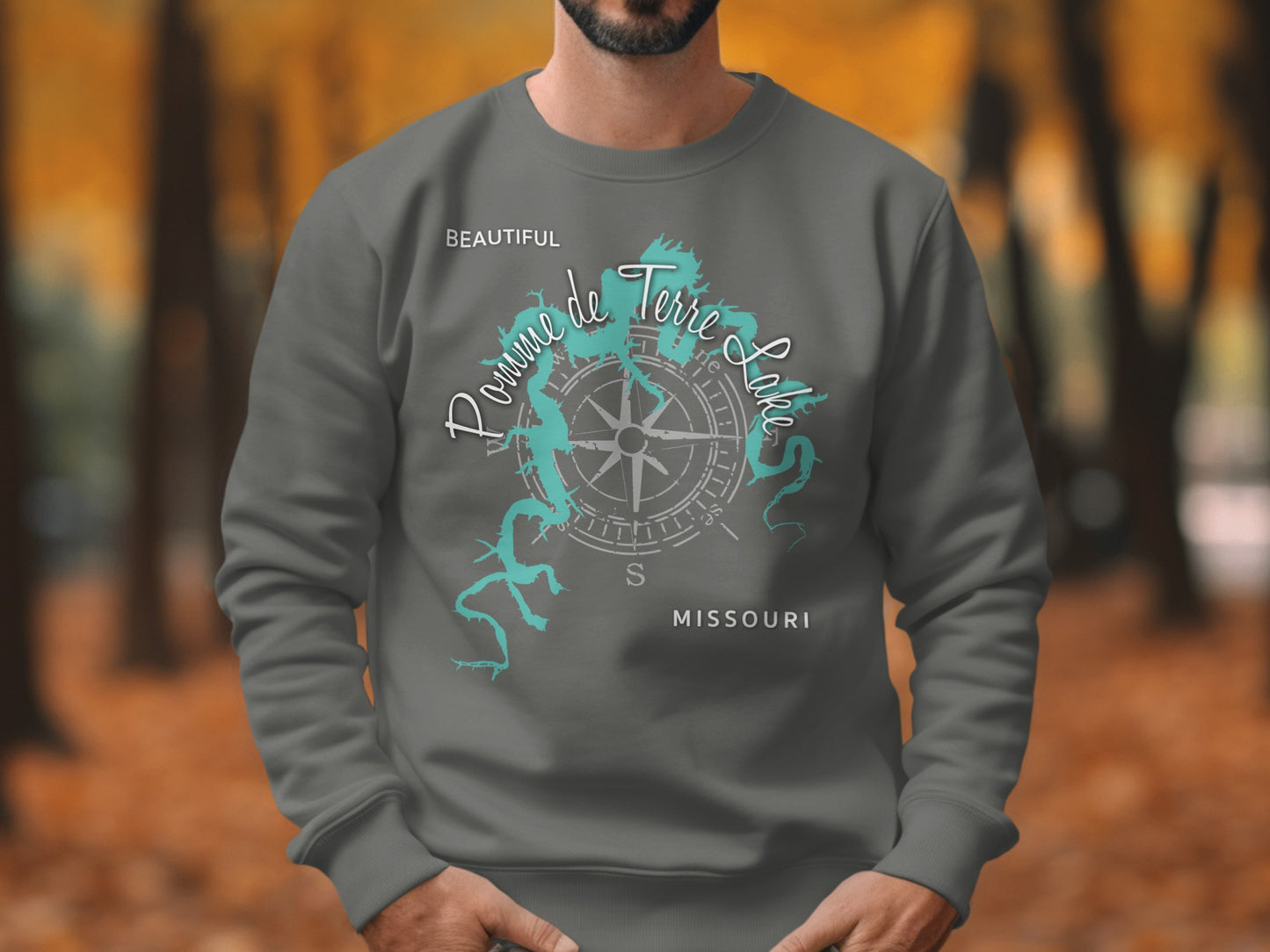 Dark grey crewneck sweatshirt with "Pomm de Terre Lake Missouri" and compass design.