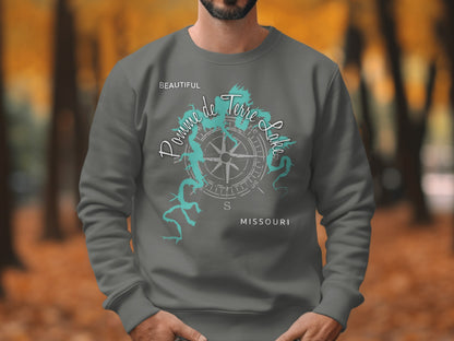 Dark grey crewneck sweatshirt with "Pomm de Terre Lake Missouri" and compass design.