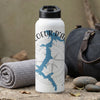 White water bottle with blue Coeur d'Alene map and compass design.